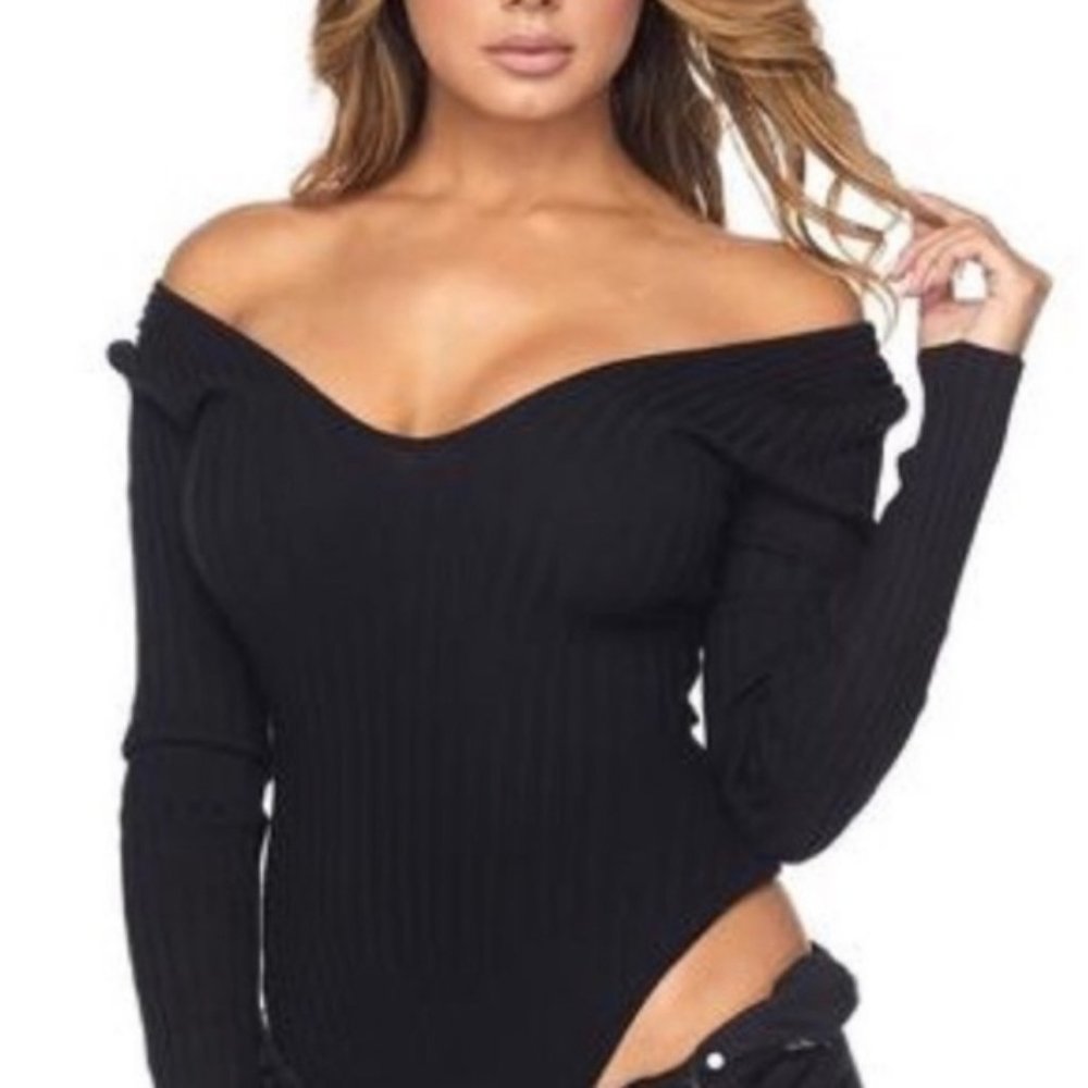 *NEW* Black Long Sleeve Off Shoulder Ribbed Knit Sexy Bodysuit Various Sizes